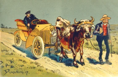 Koe trekt een auto - een pechgeval in de vroege dagen van het autorijden